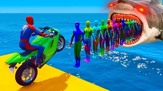 Spiderman Motobike, Boats, Cars, Helicopter Incredible Ramp Jump Challenge With Superheros Shark