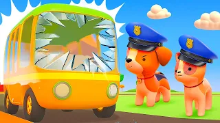 The yellow bus needs help! A police car is ready to go. Helper Cars for kids. Cartoons for kids.