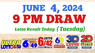 Lotto Result Today 9pm draw June 4, 2024 6/58 6/49 6/42 6D Swertres Ez2 PCSO#lotto