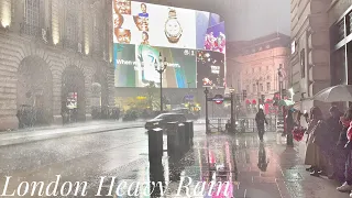 Walk in Heavy Rain at Night in Central London, England | Rain and Umbrella Ambience Sounds [4K HDR]