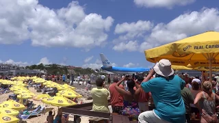 Extreme taking off KLM Boeing 747-406 Jet Blast Blowing People Away at Maho Beach, St. Maarten