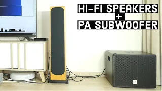 Hi-Fi speakers + PA active subwoofer sound & bass test