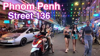 Cambodia Nightlife Phnom Penh Street 136 | Night Tour 4K Walk