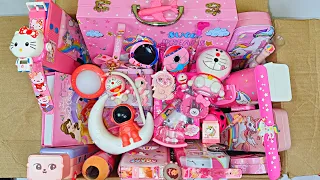 Cute collection of pink stationery - doraemon pencil sharpner, bus pencil box, art kit, watch, pens