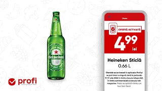 Activează oferta în Aplicația Profi. Acum ai bere Heineken, sticlă de 0,66L, la doar 4,99 Lei