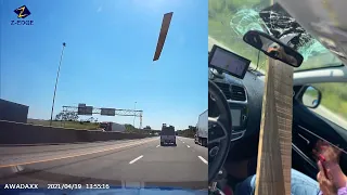 Lumber Flies Off Truck Straight Through Woman’s Windshield