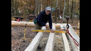 Log Cabin Build Part 1, log floor joists, foundation and cutting trees from our property