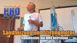 Sandheizung und Stirlingmotor flammenlos mit HHO betrieben