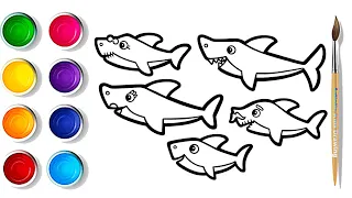 How to draw Shark | Family Shark Drawing, Painting,  Coloring for kids and toddlers