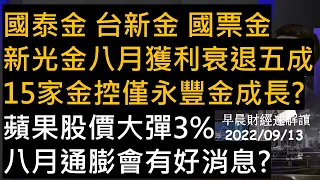 【早晨財經速解讀】國泰金 台新金 國票金 新光金八月獲利衰退五成 15家金控僅永豐金成長?蘋果股價大彈3% 八月通膨會有好消息?  2022/9/13(二)