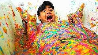 SILLY STRING SLIME BATH CHALLENGE!