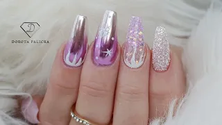 Christmas purple and silver ombre with chrome pigment, Sugar nail art. Sculpting coffin shape nails