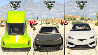 GTA 5 Tesla Semi Truck vs Tesla Car vs Tesla Cybertruck - Which is Best ?