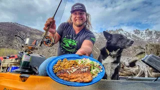 COOKING Gourmet Meal From My Kayak. TROUT Fishing Next To An ACTIVE VOLCANO.