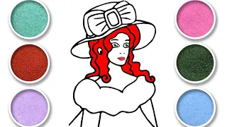 Sand painting & drawing red hair princess girl in hat