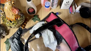 ASMR Organizing nail kit bags! (Whispered) Cleaning heavy plastic with latex gloves. Water & windex!
