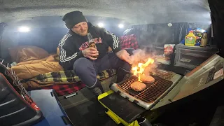 Grilling Burgers In My Truck Camper On A Cold Windy Night