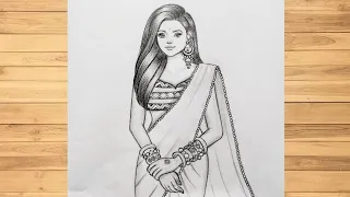 How to draw a traditional girl with beautiful saree | girl drawing easy | pencil sketch