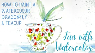 Dragonfly and Strawberries on Teacup - pen and watercolour botanical art - Paint the Natural World