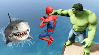 GTA 5 Water Ragdolls | SPIDERMAN and HULK vs Shark (Funny Moments)