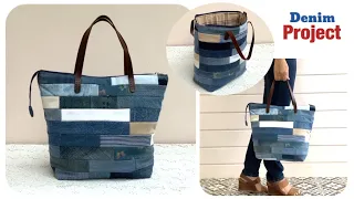 sewing diy a open wide denim tote bag with zipper tutorial, diy tote bag with zipper from old jeans.