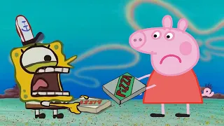 Spongebob trying to get a pizza from Peppa Pig