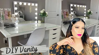 HOW TO MAKE DIY AFFORDABLE MAKEUP VANITY WITH HOLLYWOOD LIGHTS MIRROR | IKEA, Dollarama organizer.