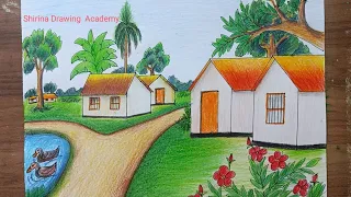 How to draw easy scenery drawing beautiful landscape village drawing step by step | scenery