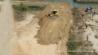 Show Technique Driver Skill Shantui Dozer Pushing & Shacman Dump Truck Unloading Soil Build New Road