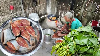 Very poor GRANDMOTHER cooking & eating PANGAS fish recipe with FRESH KALMI SHAK | rural village life