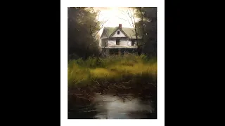 How to oil paint an old house, long grass, water, trees in tonalism a new lesson (time-lapse)