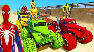 SPIDERMAN CARS Monster Trucks MULTI Ramp Challenge ! SUPERHERO HULK MOTOS JETSKI Epic Stunts - GTA V