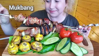 ШАШЛЫК НА ШАМПУРАХ МАНГАЛ ГРИБЫ МУКБАНГ АСМР | MEAT BARBECUE MUSHROOMS MUKBANG ASMR