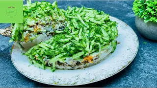 Layered salad with fish on the festive table. You will be delighted. Basil food channel.