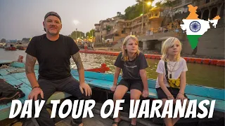 FOREIGNER FAMILY VISIT VARANASI FOR TOUR OF GHATS AND MARKETS AND RIVER GANGES.