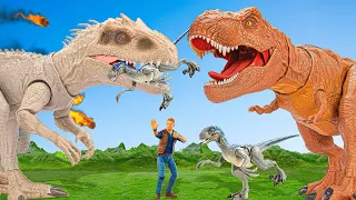Dinosaurs revolt battle in the battle between INDOMINUS Rex VS T-Rex to Rescue the Velociraptor