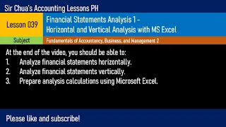 [FABM2] Lesson 039 - Financial Statements Analysis (Horizontal and Vertical with MS Excel)
