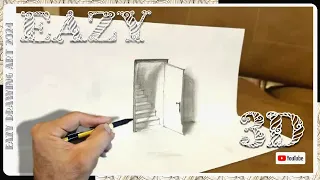 Very easy 3D drawing of doors and stairs on paper for beginners. Visual error in drawing