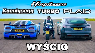 Koenigsegg v Tesla Plaid v Hayabusa z Turbo: WYŚCIG