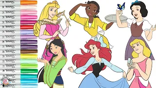 Disney Princess Coloring Book Compilation Cinderella Ariel Tiana Aurora Mulan and Snow White