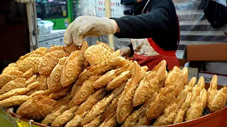 Amazing! Five a fish-shaped bun for just $0.8. The Korean name is bungeo-ppang. / Korean street food