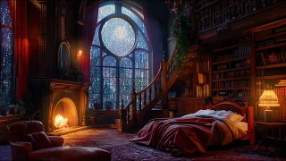 Nighttime Thunderstorm in this Cozy Castle Bedroom with Rain and Fireplace Sounds to Sleep Deeply