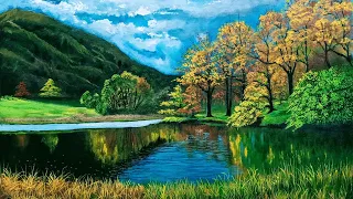River in Forest Landscape Painting