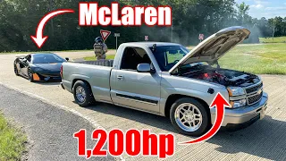 1,200hp Big Turbo Truck Blows Up Racing McLaren!!