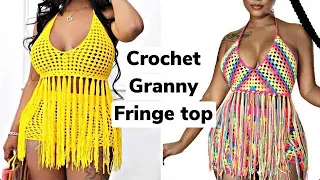 Easy crochet granny striped fringe halter top/ Pinterest inspired crochet top