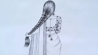 How to draw a Girl with beautiful saree -(backside) || Girl with long hair Braided || drawing girl |