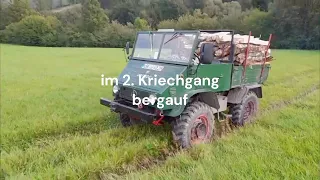 Brennholz als Meterscheite spalten und abfahren mit Unimog 411 im Sauerland in Kuhschisshagen