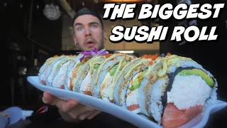 BIGGEST SUSHI ROLL CHALLENGE IN CALIFORNIA! MONSTER SUSHI ROLL! Man Vs Food