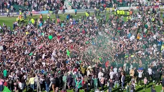 Plymouth Argyle v Burton Albion April 2023. Promotion pitch invasion and celebrations.