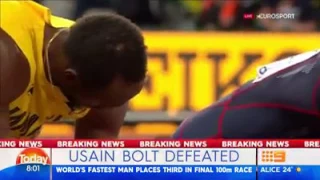 Usain Bolt loses his final 100m race to Justin Gatlin in WC, London. Gatlin wins gold,Christian take